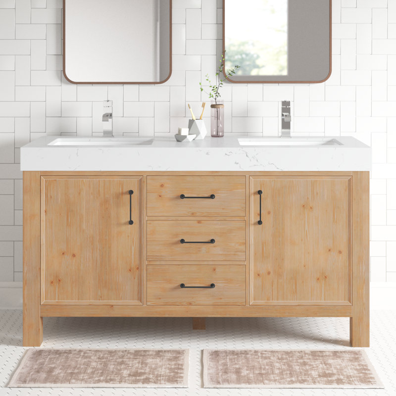 Leon 60'' Double Bathroom Vanity with Engineered Marble Top, Brown, Matte Black, White