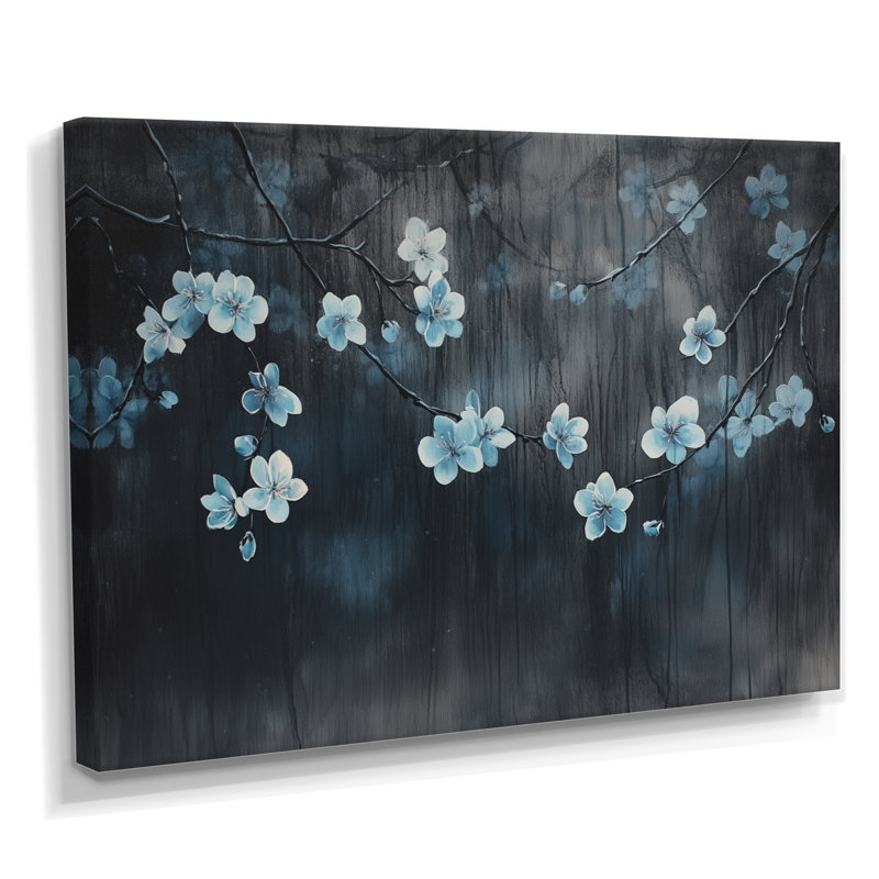 Art mural fleur de cerisier bleu, toile florale de minuit, H 30 po x l 40 po, Toile tendue