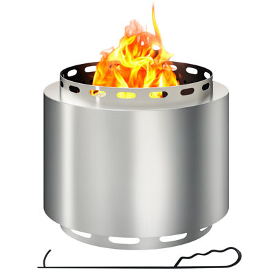Round Wood Burning Fire Pit, 48.5cm Smokeless Portable Firepit with Poker, Stainless Steel, Silver