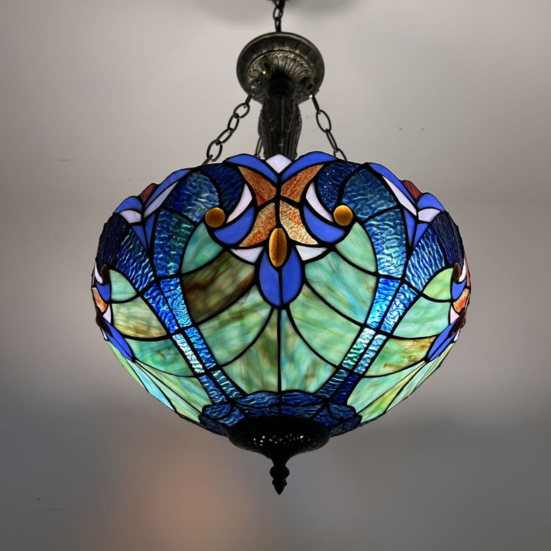 Bronze Bowl Pendant Light with Blue and Green Stained Glass Shade