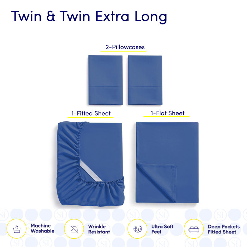 Ensemble de draps luxueux en microfibre douce avec taies d'oreiller en prime, Bleu royal