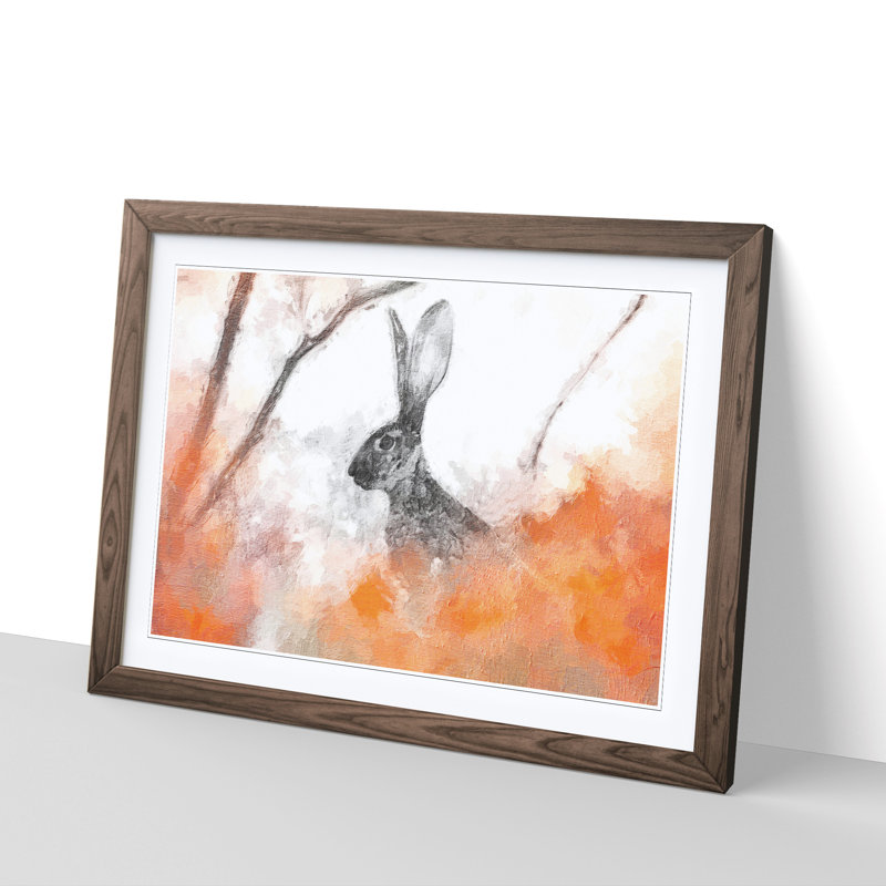 The Alert Hare in Orange - Picture Frame Painting, 48cm H x 65cm W x 2cm D, Walnut Framed