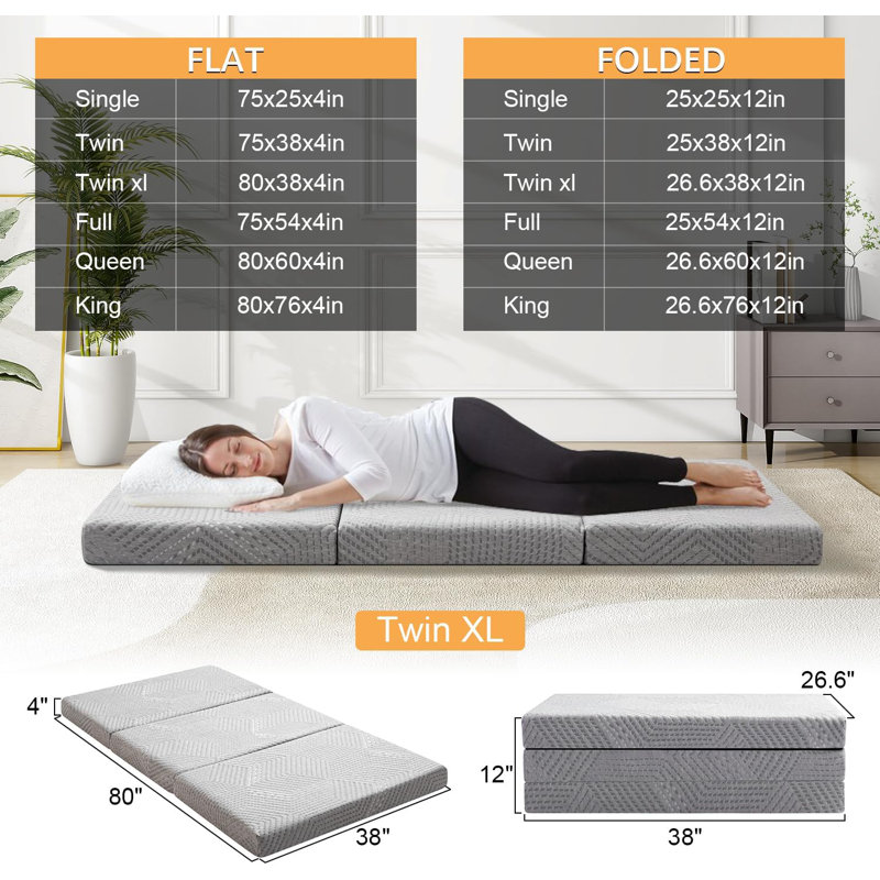 4" Foldable Mattress, Memory Foam Trifold Mattress Folding Floor Bed For Guest Room, RV, Camping, Super Single