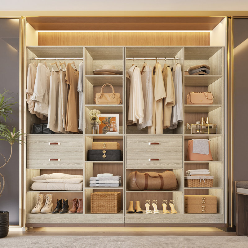 80'' W Closet System with Wooden Drawers and Hanging Rods, White Oak