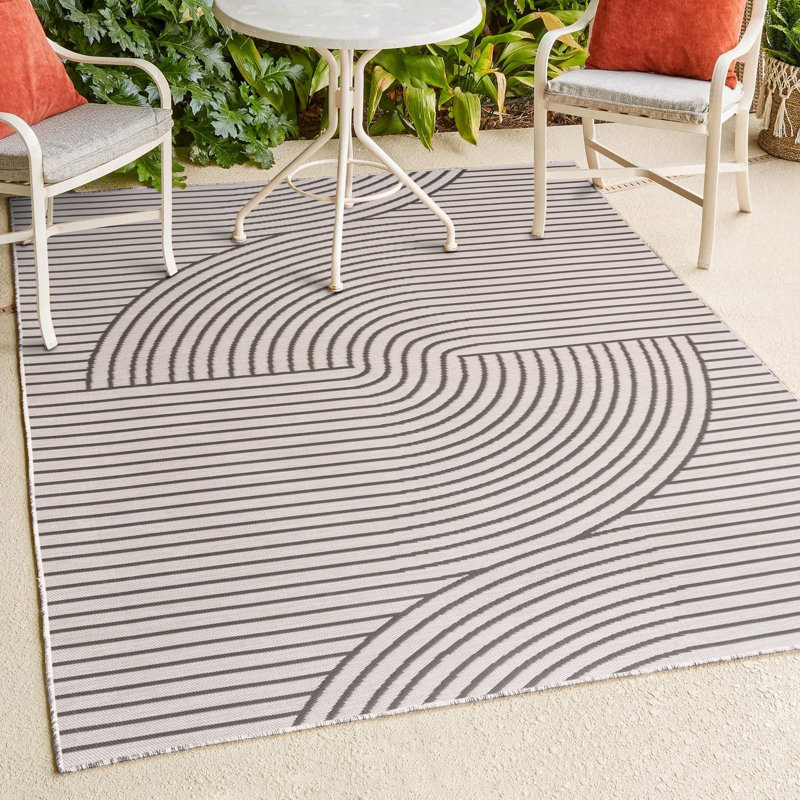 Donatienne Mid-Century Curve Stripe Reversible Machine-Washable Dark Gray/Cream Indoor/Outdoor Rug, Rectangle 3'11" x 6'