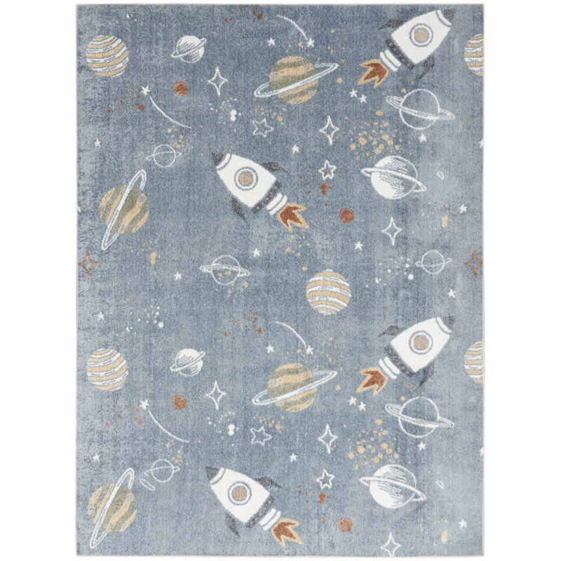 Burrillville Machine Washable Kids Indoor Rug, Blue, Rectangle 5'3" x 7'