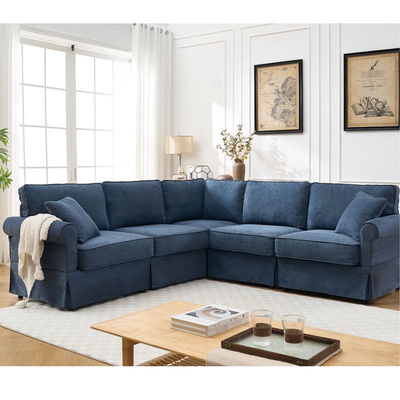 Canapé modulaire en L 5 places avec dossier rembourré et rembourrage en mousse bleu foncé, Bleu très foncé