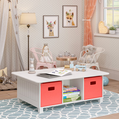 RiverRidge Kids Desk, Activity and Play Table with 6 Storage Cubbies - White with 2 Fabric Bins