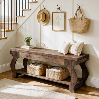 Solid Wood Entryway Bench, Farmhouse Shoe Bench with Lower Open Storage Shelf