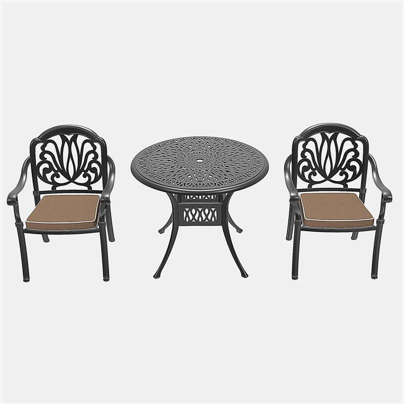 Ensemble de 3 meubles de patio en aluminium coulé avec coussins bruns