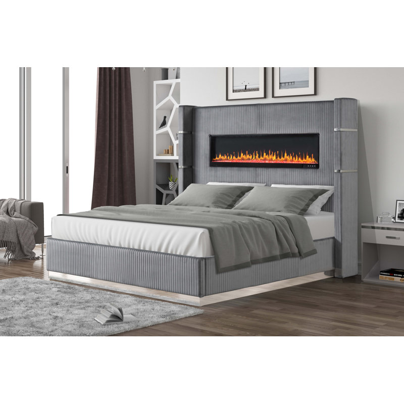Ensemble de chambre à coucher avec lit d'ambiance en bois pour 4 pièces avec éclairage ambiant, Gris