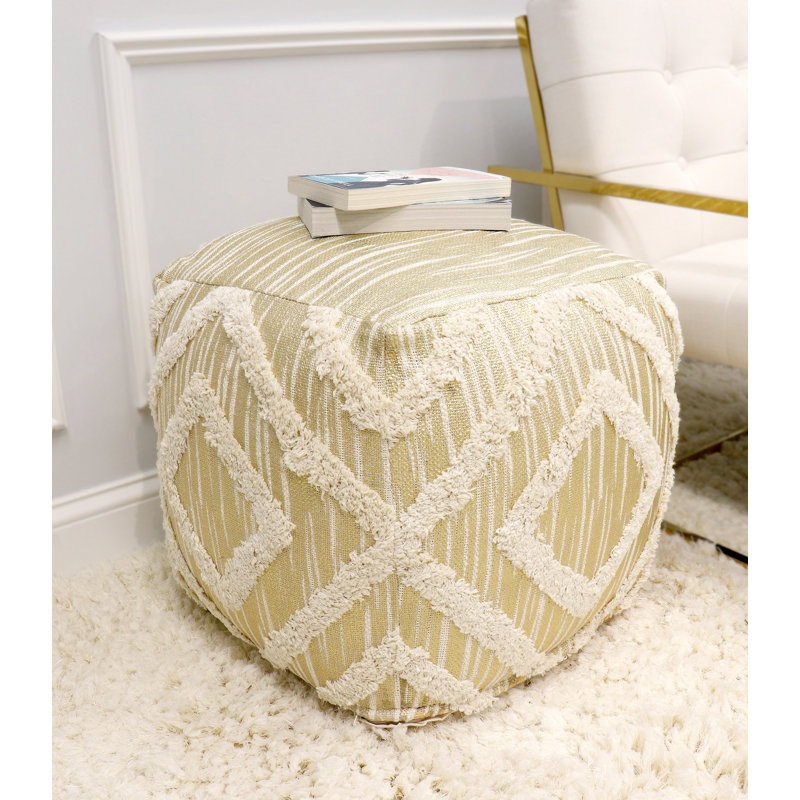 Grandcanyon Cotton Shaggy Pouf, Ivory/Gold, Gold/Ivory