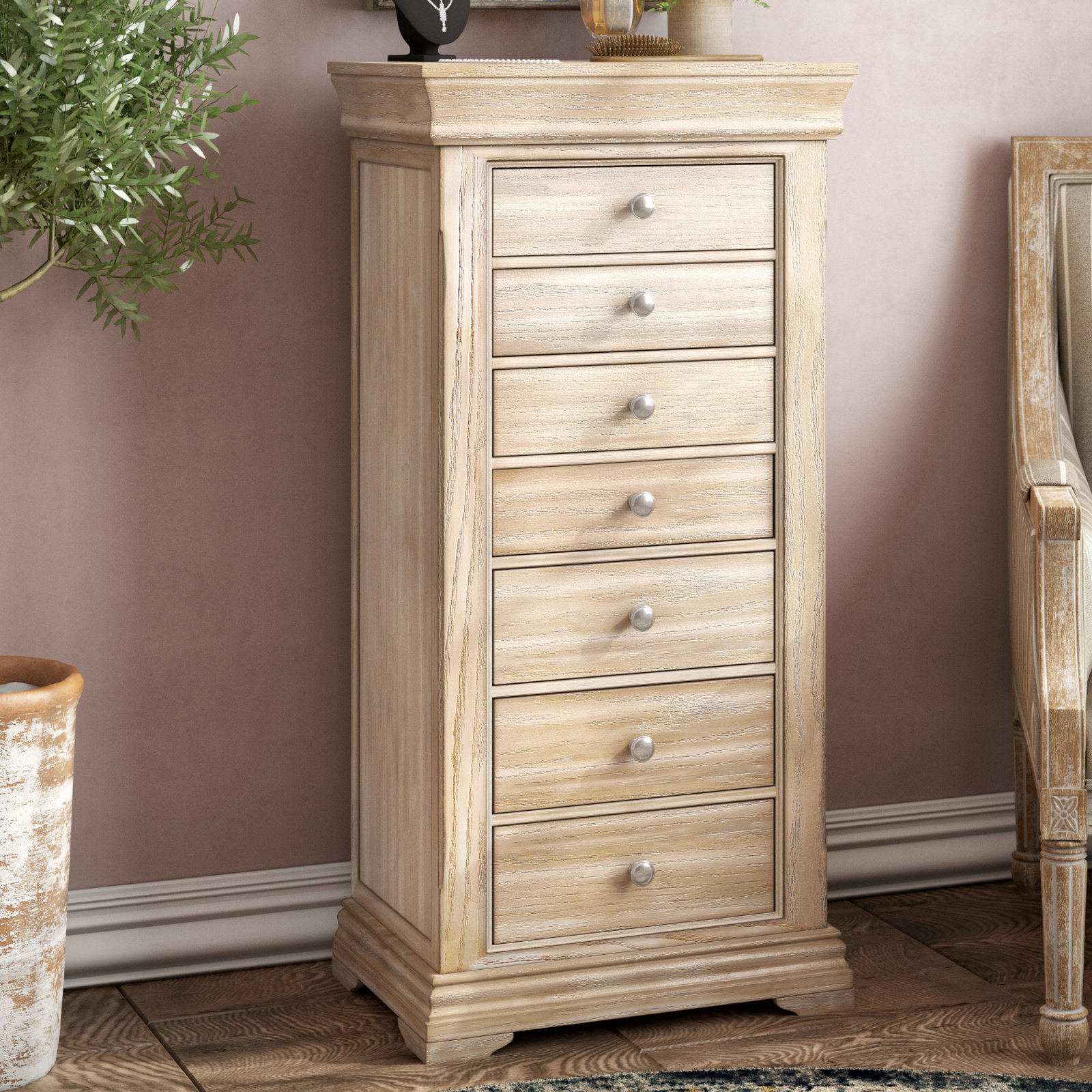 Gerardo Free Standing Wood Jewelry Armoire with Mirror, Taupe Mist