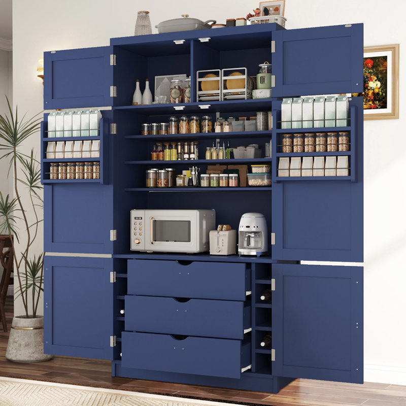 Freestanding Kitchen Pantry Cabinet, Integrated Power Outlets, Adjustable Shelving & Wine Rack, Contemporary Style, Dining & Living Room