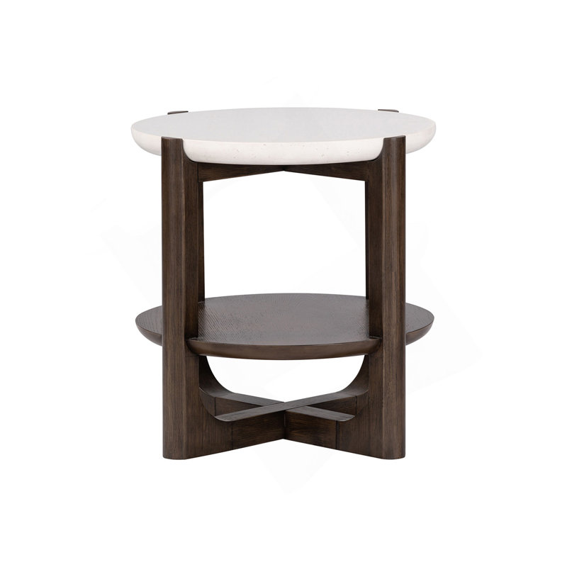 Table de bout de style transitionnel 1 pièce Table de bout en quartz avec base en tréteaux et finition noyer foncé