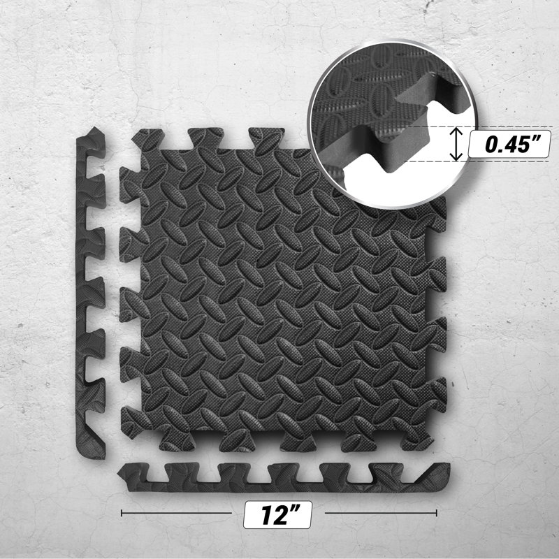 Black and Gray EVA Foam Interlocking Gym Floor Tiles, 12'' x 12''