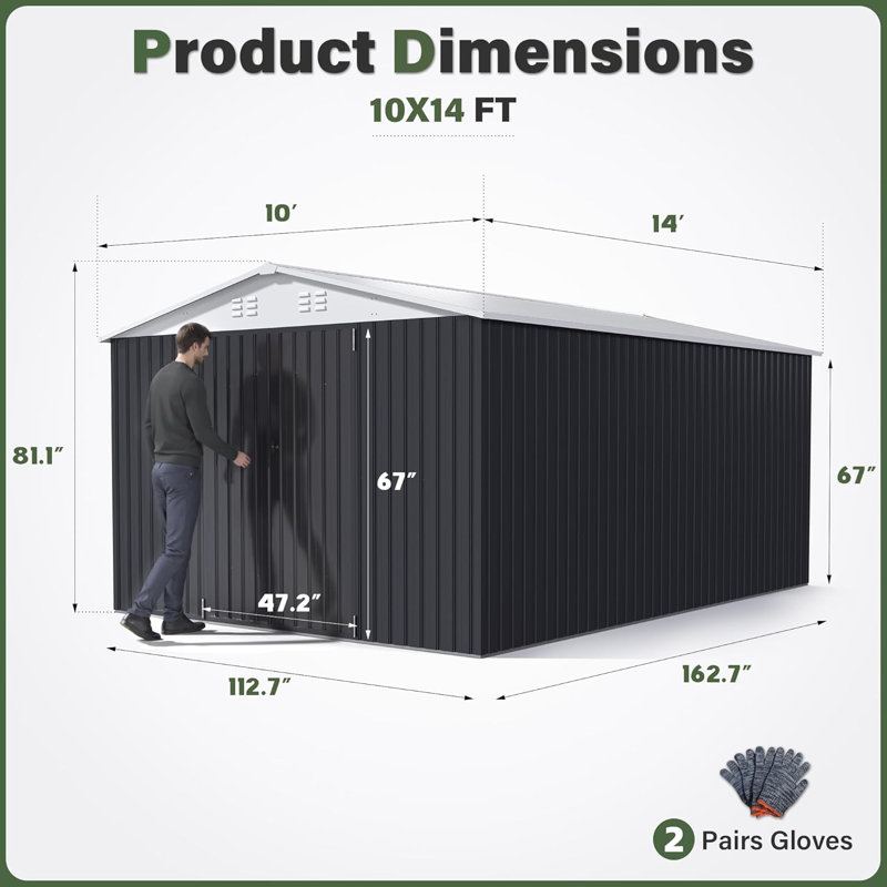 VIWAT Galvanized Steel Outdoor Storage Shed with Lockable Doors and Vents, 10x14 FT