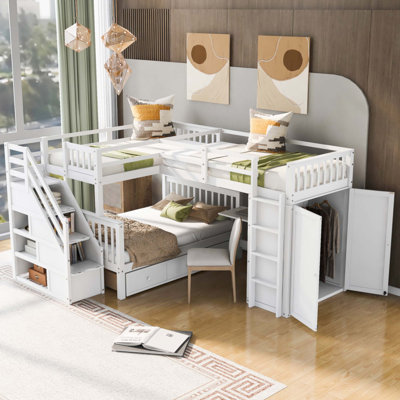 Twin-Twin Over Full L-Shaped Bunk Bed With 3 Drawers