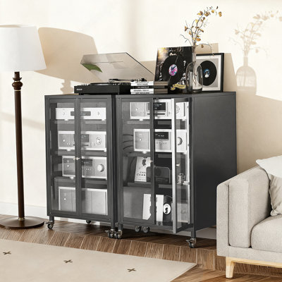 Armoire de rangement avec roulettes, 4 tablettes réglables en verre pour le salon