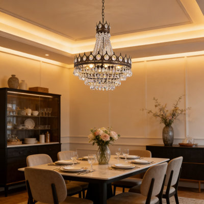 Lustre en cristal de l'empire français, lustre rustique en bronze antique à 9 lumières pour hauts plafonds, salle à manger de ferme, vestibule, vestibule, couloir et salon