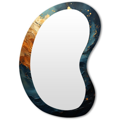 Isak Golden Sapphire Surge III - miroir à forme unique spirales abstraites, grand miroir mural asymétrique doré, impression sur métal