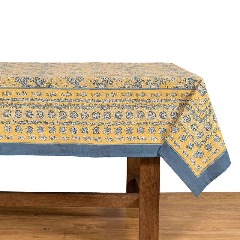La Mer Handmade Floral Tablecloth, 106" x 71", Yellow/Blue