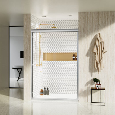 Porte de baignoire coulissante semi-sans cadre, porte de douche à double dérivation, verre trempé de 1/4 po.