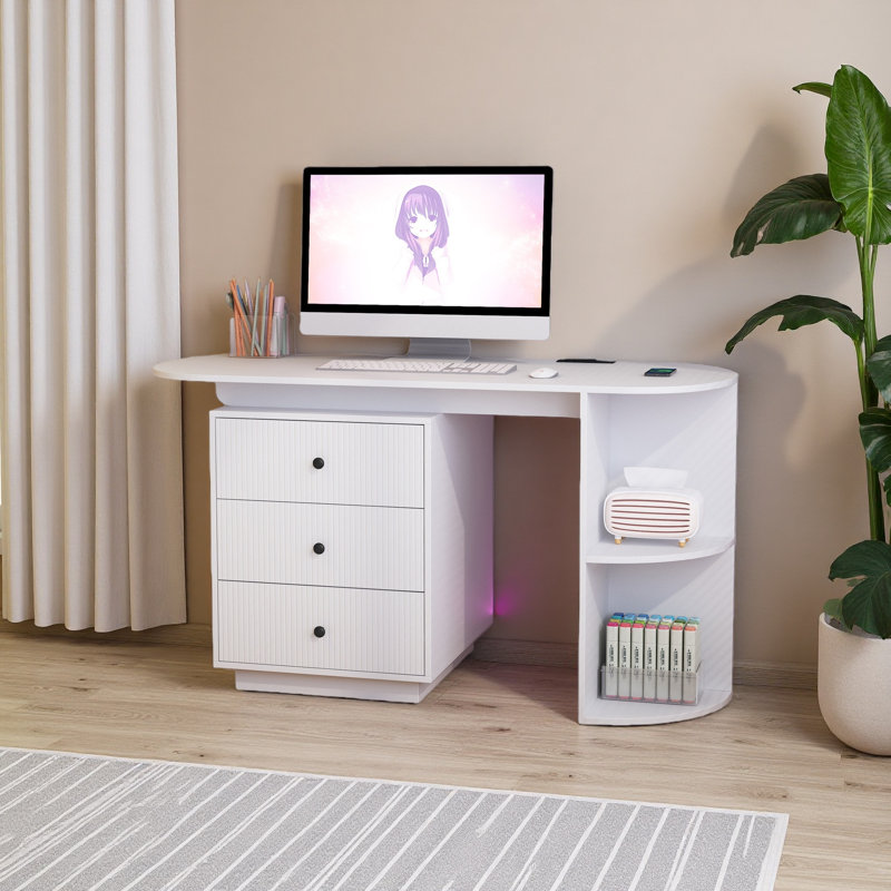 Table de bureau moderne, bureau extensible avec tiroirs de rangement et tablette ouverte, bureau d'ordinateur avec huche et bibliothèque, bureau de direction en bois pour adolescents Bureau d'écriture pour ordinateur portable