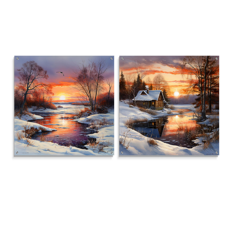 «Sunrise Charm In Winter - Sunrises Sunset», ensemble de 2 peintures murales en acrylique, H 36 po x l 73 po