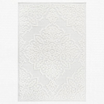 High-Low Medallion Area Rug Polypropylene Stain Resistant Non-Shedding Cream 9' x 12'