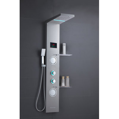 Système de panneau de tour de douche à inverseur 5 voies avec pomme de douche à pluie et brume à DEL, en nickel brossé