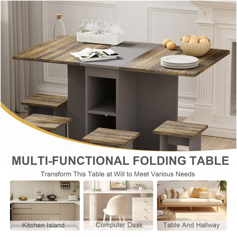 Ensemble de table de salle à manger extensible 5 pièces avec 4 chaises pour 4 personnes, ensemble de table de salle à manger en bois à abattant de 55 po avec rangement et 6 roulettes