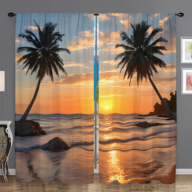 2Pcs Tropical Beach Sunset Window Curtains Hawaii Palm Tree Ocean Wave Scene Printed Drapes Coastal Themed Light Filtering Rod Pocket for Living Room Bedroom Kitchen Home Decor