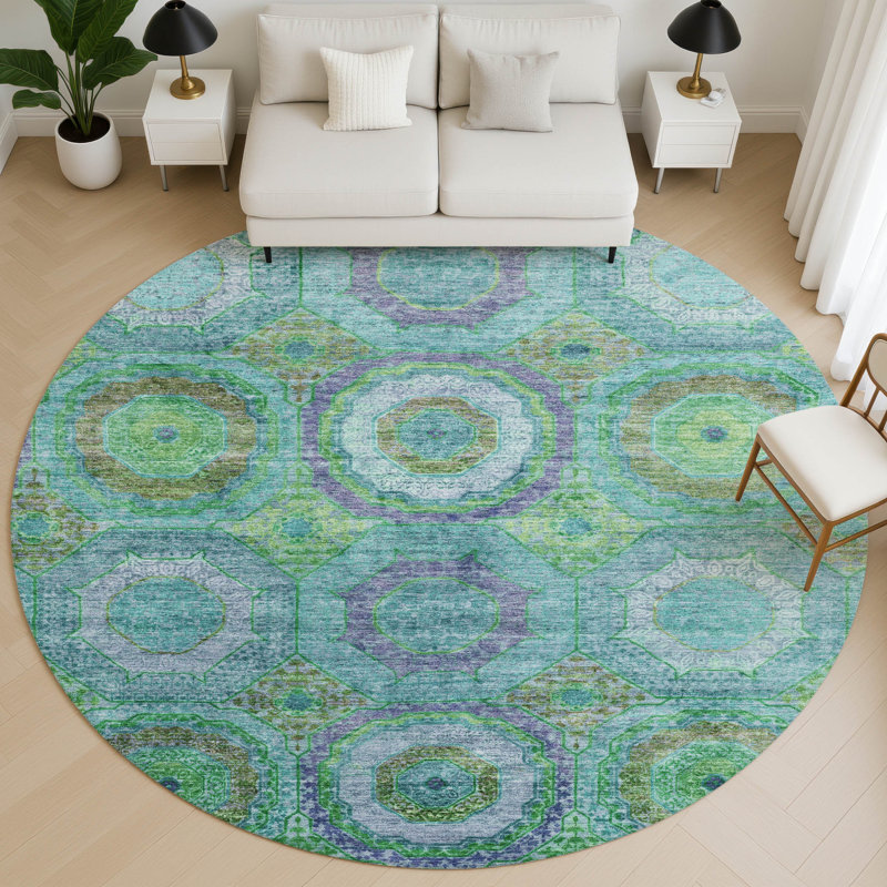 Premium Machine Washable Mayfield AMF2049 Panel Rug, Teal, 8' Round