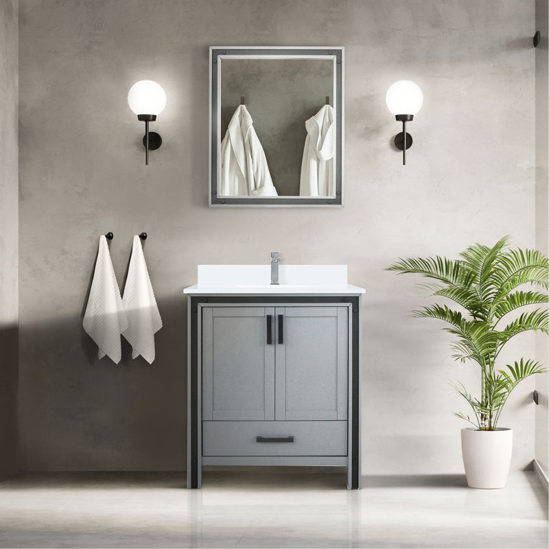 Meuble-lavabo gris foncé de 76 cm (L) x 56 cm (P) avec miroir de 71 cm et nombreux rangements pour une salle de bain bien pensée.