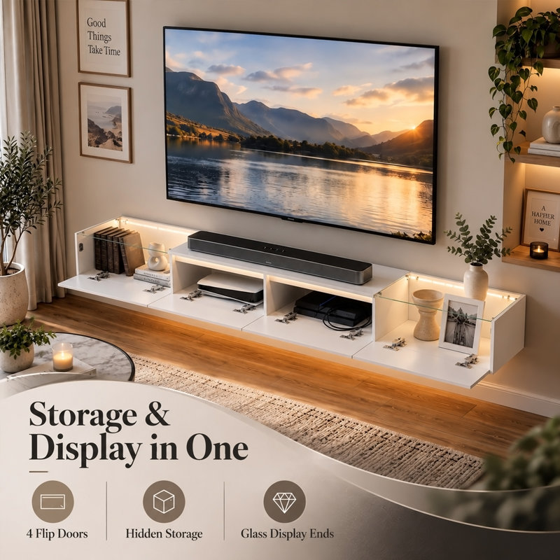 200cm White Floating TV Unit with 4 Flip Doors, Glass Display Ends & 3-Colour LED