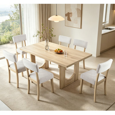7-Piece Modern Japandi Farmhouse Dining Set with 57" Light Oak Rectangular Table, 6 Ergonomic Linen Upholstered Chairs, Sturdy U-Shaped Base