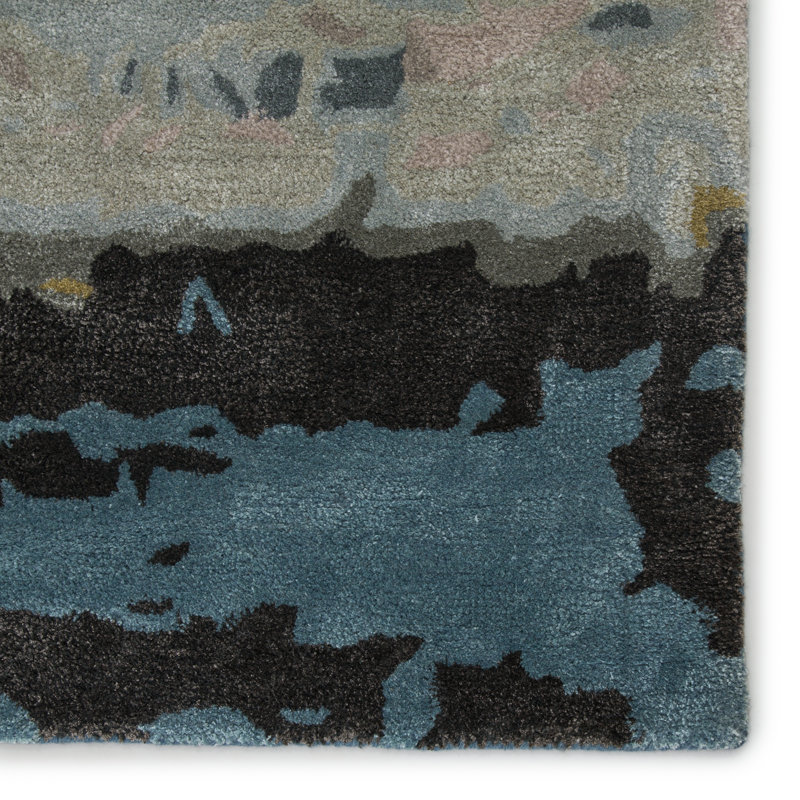 Tapis noir / bleu / gris touffeté à la main Atoka, Rectangle 9 pi x 13 pi