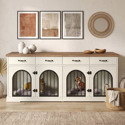 Meuble de cage pour chien avec cloison amovible, 4 tiroirs de rangement, chenil d'intérieur à 6 portes