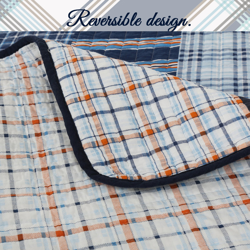 Blue and Orange Plaid Cotton Twin Reversible Quilt Set