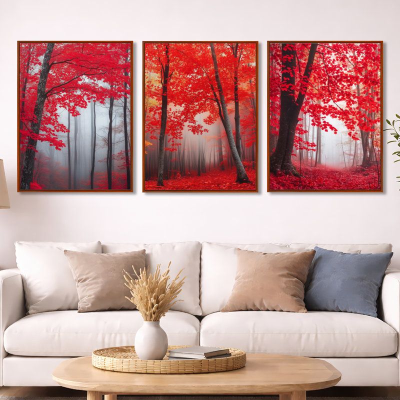 «Red Maple Forest», ensemble de 3 reproductions d'art sur toile, 32" H x 72" W, Brown Floater Framed