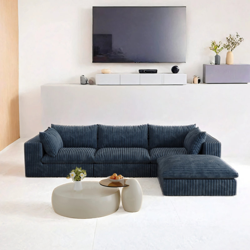 Canapé en velours côtelé de 118,2 po avec coussins amovibles, Velours côtelé bleu, H 24 po x l 118,2 po x P 78,8 po