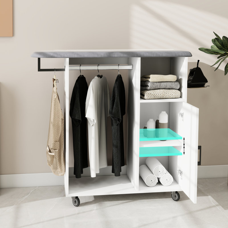 Chariot à repasser polyvalent avec planche, idéal pour la salle de lavage, E1 blanc, armoire à tablettes réglables peu encombrante et plusieurs pièces