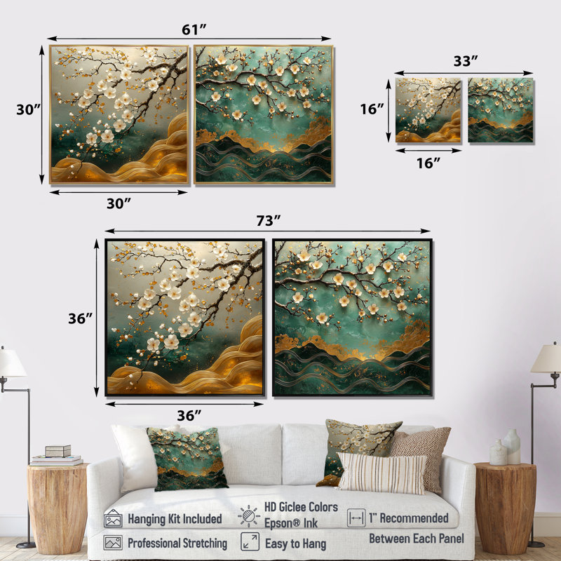 Or avec mélange de cerisier vert I - art mural cerisier en fleurs - art mural traditionnel sur toile 2 pièces, 30" H x 61" W