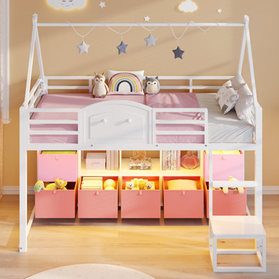 Twin Size Low Loft Bed with 9 Storage Drawers, Bookcase and LED Lights, House-Shaped Metal Twin Loft Bed with Step Stool and Safety Guardrail, Kids Loft Bed with Under-Bed Play Space