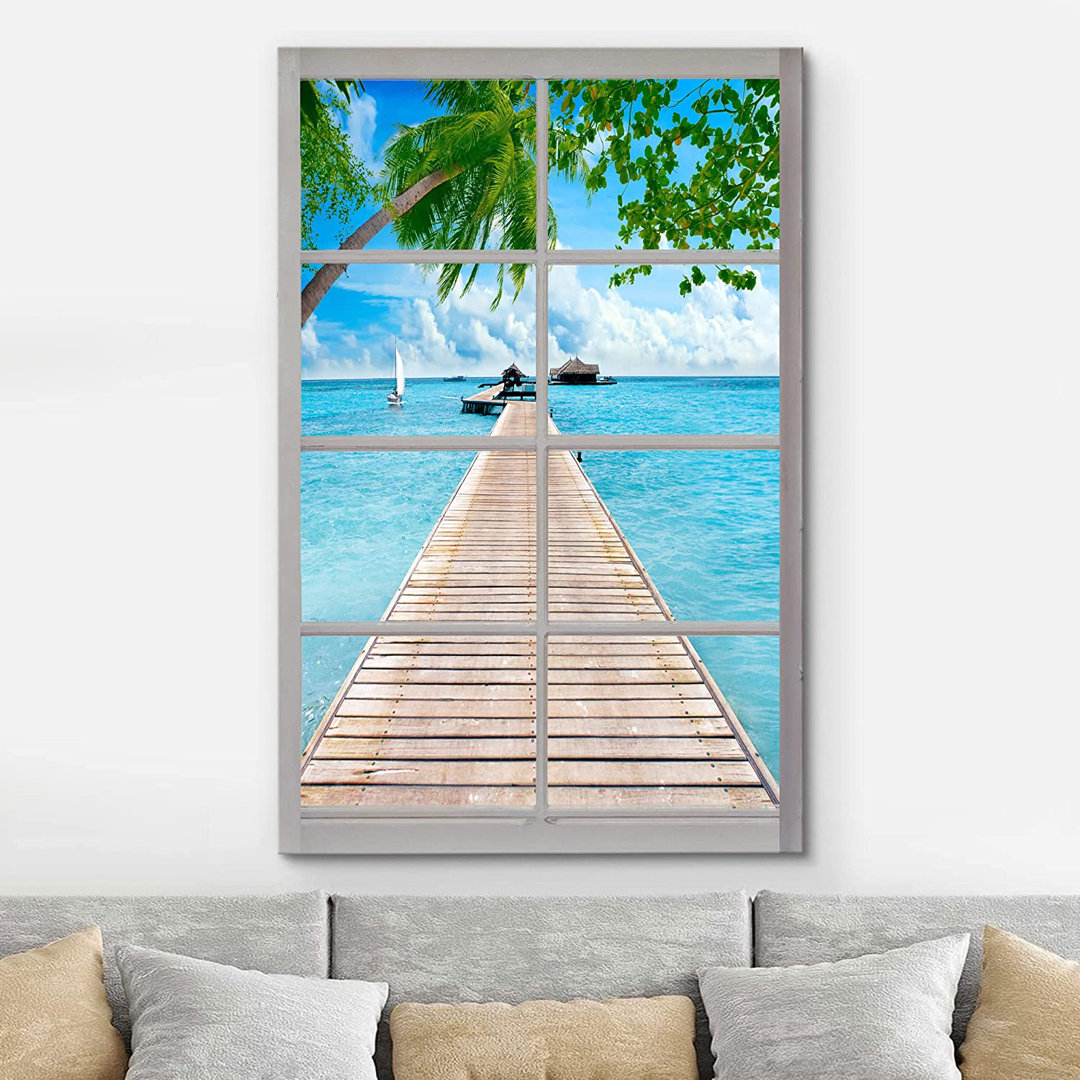 Wi Nature Scene " Window View Tropical Hawaiian Island Sailboat Ocean Pier Nature Wilderness " IDEA4WALL 