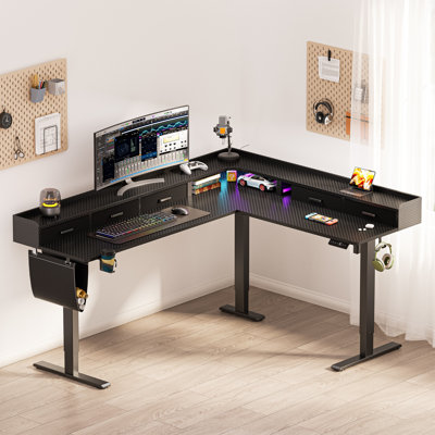Bureau debout en L réglable en hauteur de 75 po avec 3 tiroirs et tablette pour moniteur, bureau de coin électrique Comupter, bureau de travail assis-debout, bureau de jeu ergonomique, noir