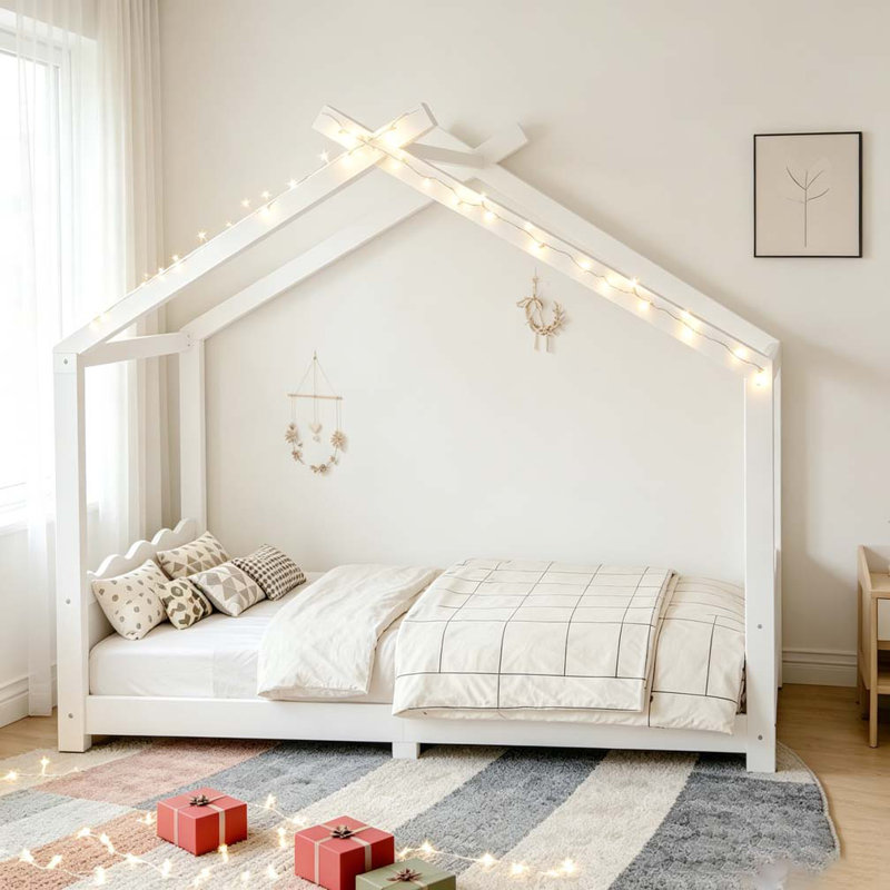 Lit de maison avec lattes de soutien, cadre de lit en bois massif pour enfants, aucun sommier et ouverture, Blanc, Double