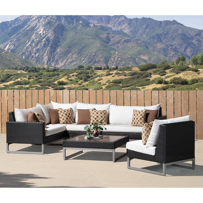 6 Piece Outdoor Sectioanl Seating Group, Centered Ink Stripe Sunbrella®, Brown