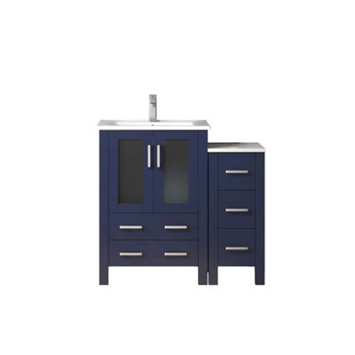 Navy Blue Single Bath Vanity With Side Cabinet, Five Drawers, And Ceramic Top W In Blue, Soft - Close